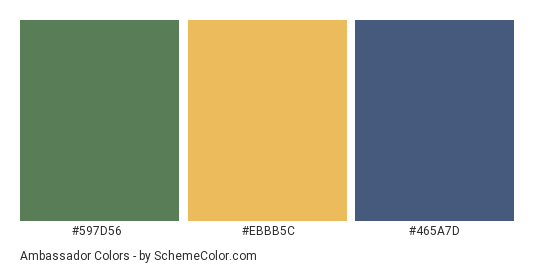 Ambassador - Color scheme palette thumbnail - #597D56 #EBBB5C #465A7D 