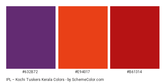 IPL – Kochi Tuskers Kerala - Color scheme palette thumbnail - #632b72 #e94017 #b61314 