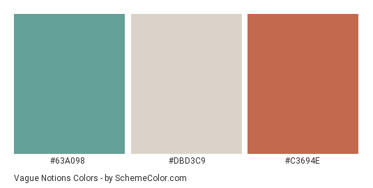 Vague Notions - Color scheme palette thumbnail - #63A098 #DBD3C9 #C3694E 