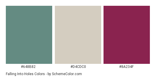 Falling Into Holes - Color scheme palette thumbnail - #648B82 #D4CDC0 #8A234F 