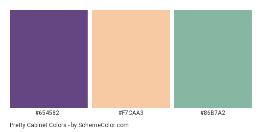 Pretty Cabinet - Color scheme palette thumbnail - #654582 #F7CAA3 #86B7A2 