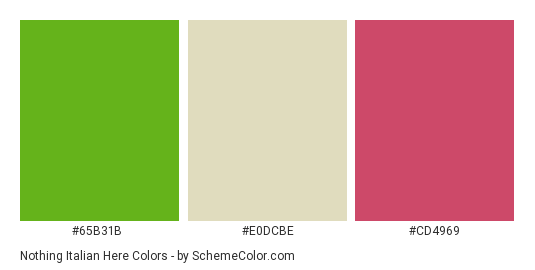Nothing Italian Here - Color scheme palette thumbnail - #65B31B #E0DCBE #CD4969 