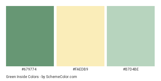 Green Inside - Color scheme palette thumbnail - #679774 #FAEDB9 #B7D4BE 