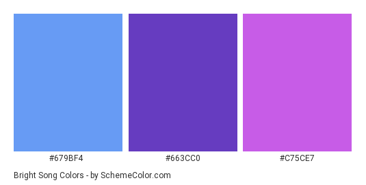 Bright Song - Color scheme palette thumbnail - #679BF4 #663CC0 #C75CE7 