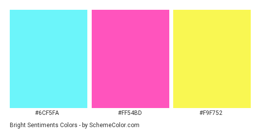 Bright Sentiments - Color scheme palette thumbnail - #6cf5fa #ff54bd #f9f752 