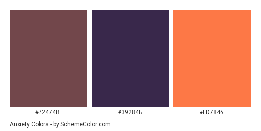 Anxiety - Color scheme palette thumbnail - #72474b #39284b #fd7846 