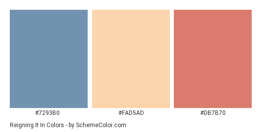 Reigning It In - Color scheme palette thumbnail - #7293B0 #FAD5AD #DB7B70 