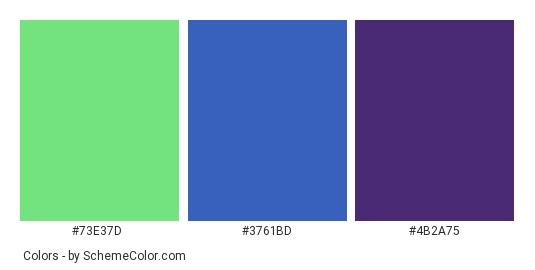 Beautiful Hummingbird - Color scheme palette thumbnail - #73E37D #3761BD #4B2A75 