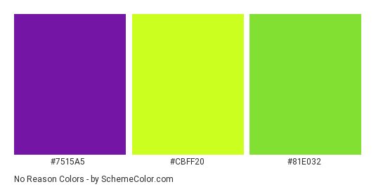 No Reason - Color scheme palette thumbnail - #7515A5 #CBFF20 #81E032 