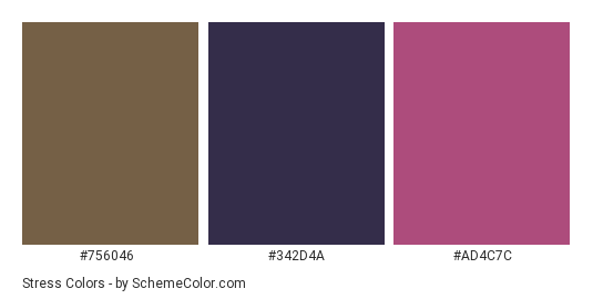 Stress - Color scheme palette thumbnail - #756046 #342D4A #AD4C7C 