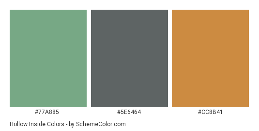 Hollow Inside - Color scheme palette thumbnail - #77A885 #5E6464 #CC8B41 