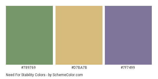 Need for Stability - Color scheme palette thumbnail - #789769 #d7ba7b #7f7499 