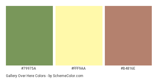 Gallery Over Here - Color scheme palette thumbnail - #79975A #FFF9AA #B4816E 