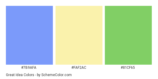Great Idea - Color scheme palette thumbnail - #7B9AFA #FAF2AC #81CF65 