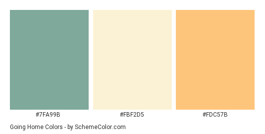 Going Home - Color scheme palette thumbnail - #7FA99B #FBF2D5 #FDC57B 