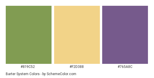 Barter System - Color scheme palette thumbnail - #819C52 #F2D388 #765A8C 
