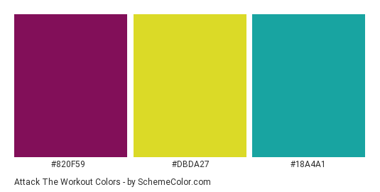 Attack the Workout - Color scheme palette thumbnail - #820f59 #dbda27 #18a4a1 