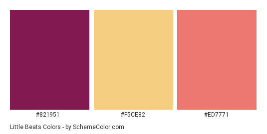 Little Beats - Color scheme palette thumbnail - #821951 #f5ce82 #ed7771 
