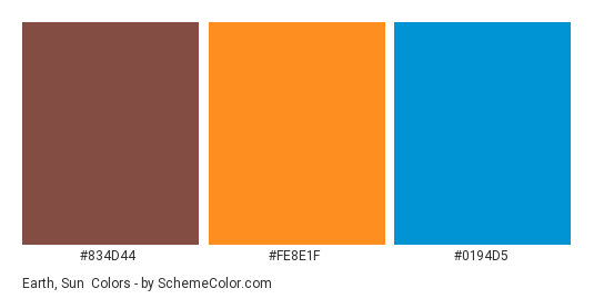 Earth, Sun & Water - Color scheme palette thumbnail - #834d44 #fe8e1f #0194d5 