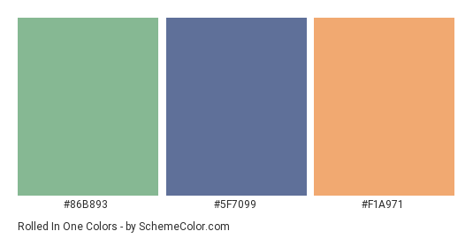 Rolled in One - Color scheme palette thumbnail - #86B893 #5F7099 #F1A971 