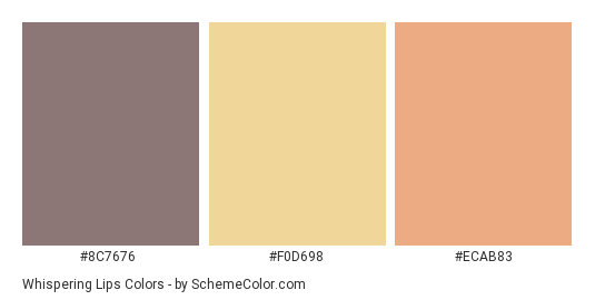 Whispering Lips - Color scheme palette thumbnail - #8C7676 #F0D698 #ECAB83 
