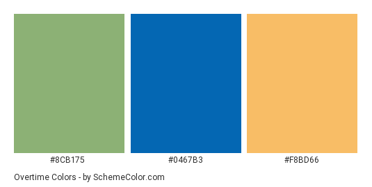 Overtime - Color scheme palette thumbnail - #8CB175 #0467B3 #F8BD66 