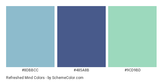 Refreshed Mind - Color scheme palette thumbnail - #8DBBCC #485A8B #9CD9BD 