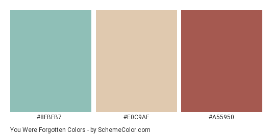 You Were Forgotten - Color scheme palette thumbnail - #8FBFB7 #E0C9AF #A55950 