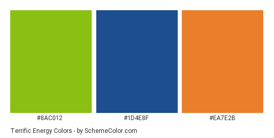 Terrific Energy - Color scheme palette thumbnail - #8ac012 #1d4e8f #ea7e2b 