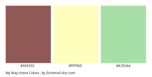 My Way Home - Color scheme palette thumbnail - #905955 #FFFFBD #A7E0A6 