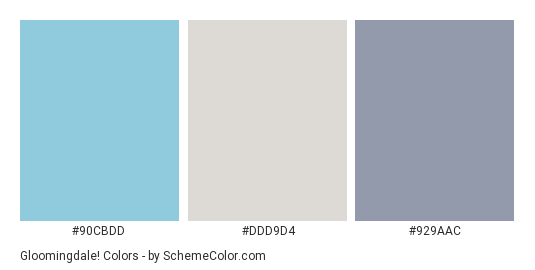 Gloomingdale! - Color scheme palette thumbnail - #90CBDD #DDD9D4 #929AAC 
