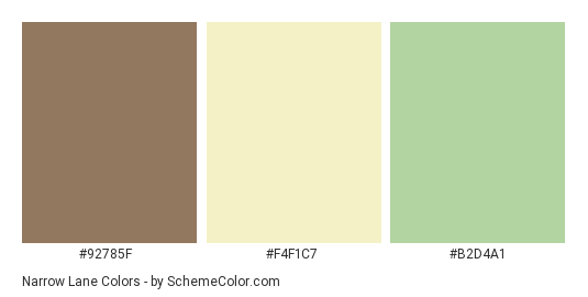 Narrow Lane - Color scheme palette thumbnail - #92785F #F4F1C7 #B2D4A1 