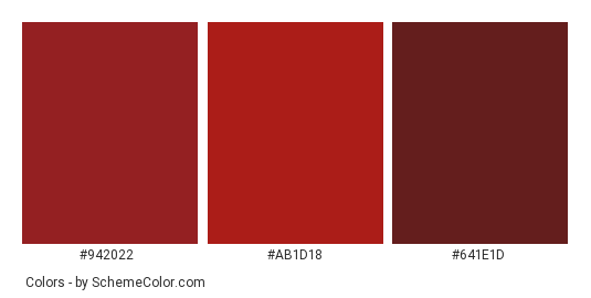 Bright Red Velvet - Color scheme palette thumbnail - #942022 #ab1d18 #641e1d 