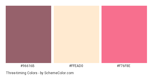 Three-timing - Color scheme palette thumbnail - #96616B #FFEAD0 #F76F8E 