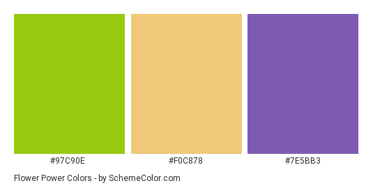 Flower Power - Color scheme palette thumbnail - #97c90e #f0c878 #7e5bb3 