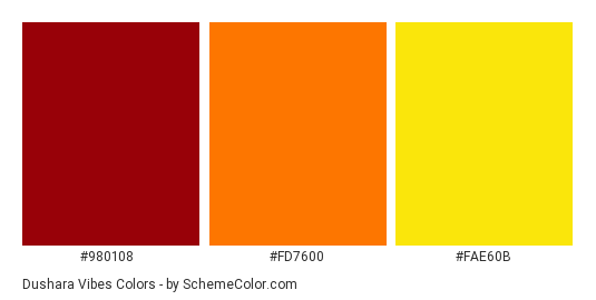 Dushara Vibes - Color scheme palette thumbnail - #980108 #FD7600 #FAE60B 