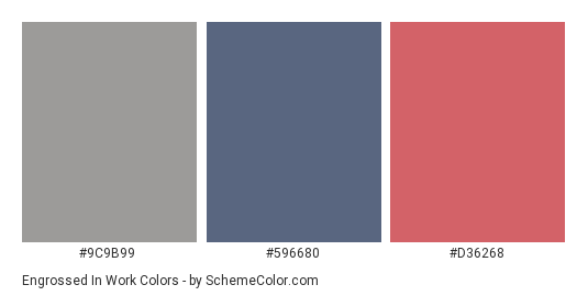 Engrossed in Work - Color scheme palette thumbnail - #9C9B99 #596680 #D36268 