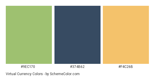 Virtual Currency - Color scheme palette thumbnail - #9EC170 #374B62 #F4C26B 