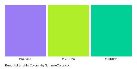 Beautiful Brights - Color scheme palette thumbnail - #9a7cf5 #b0ee2a #00d095 