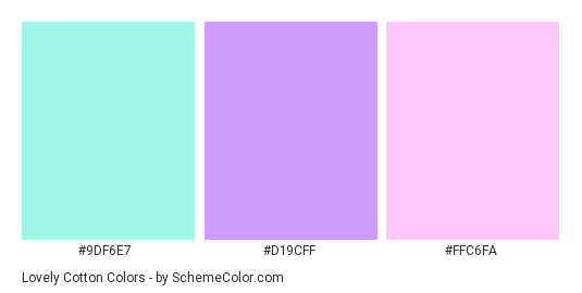 Lovely Cotton - Color scheme palette thumbnail - #9df6e7 #d19cff #ffc6fa 