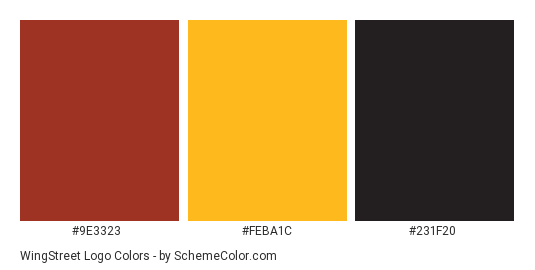 WingStreet Logo - Color scheme palette thumbnail - #9e3323 #feba1c #231f20 