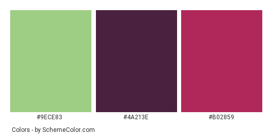 Coleus Leaves - Color scheme palette thumbnail - #9ece83 #4a213e #b02859 