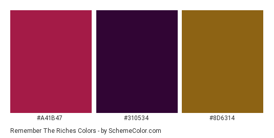 Remember the Riches - Color scheme palette thumbnail - #A41B47 #310534 #8D6314 
