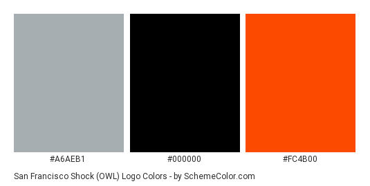 San Francisco Shock (OWL) Logo - Color scheme palette thumbnail - #A6AEB1 #000000 #FC4B00 