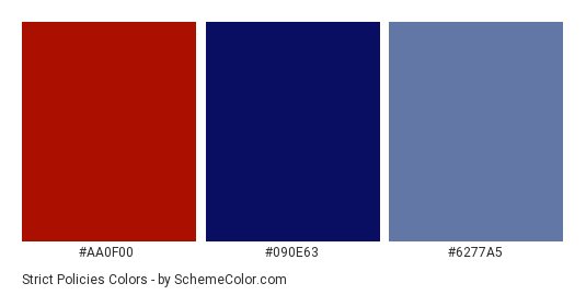 Strict Policies - Color scheme palette thumbnail - #AA0F00 #090E63 #6277A5 