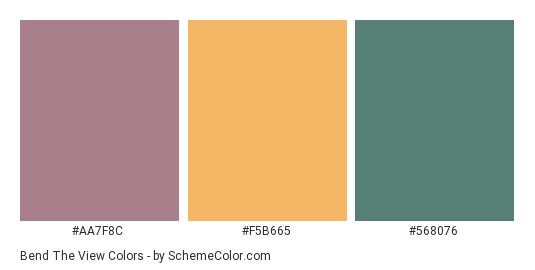 Bend the View - Color scheme palette thumbnail - #AA7F8C #F5B665 #568076 