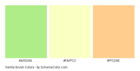 Gentle Brush - Color scheme palette thumbnail - #AFED88 #FAFFC2 #FFCD8E 