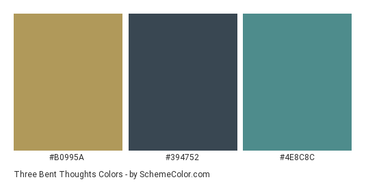 Three Bent Thoughts - Color scheme palette thumbnail - #B0995A #394752 #4E8C8C 