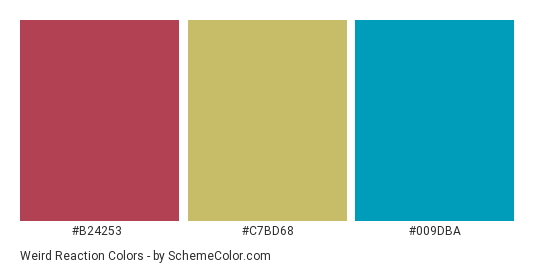 Weird Reaction - Color scheme palette thumbnail - #B24253 #c7bd68 #009DBA 