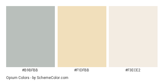 Opium - Color scheme palette thumbnail - #B9BFBB #F1DFBB #F3ECE2 